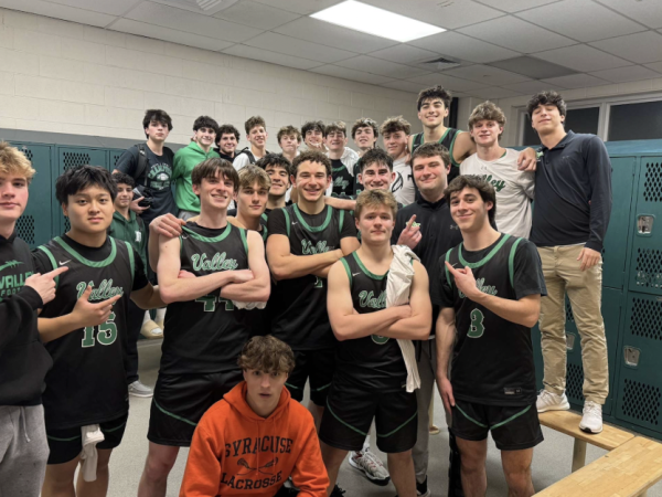 Pascack Valley Boys Basketball in the locker room after winning a share of the Big North - National League Title.